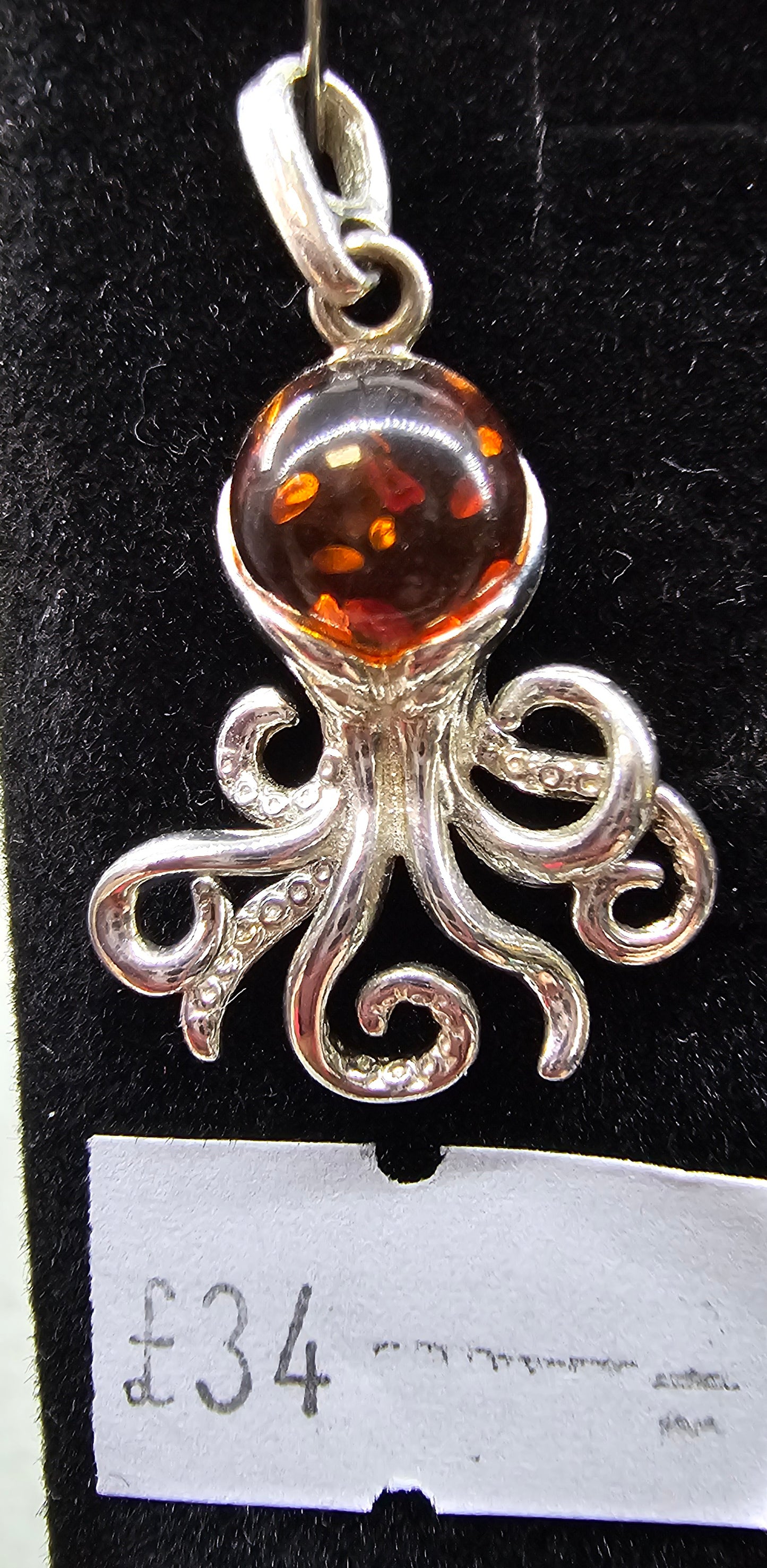 Amber 925 silver Octopus pendant