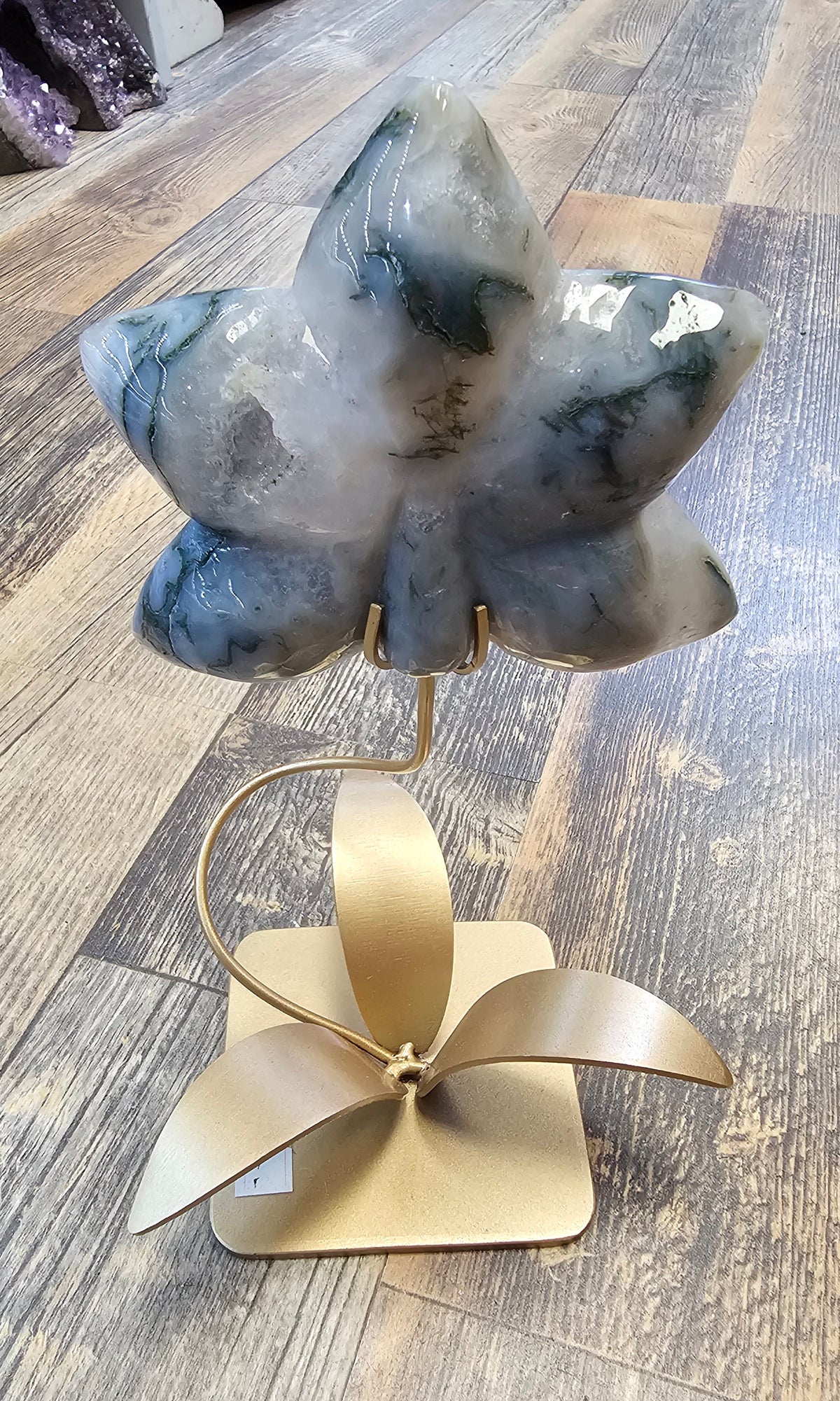 Moss Agate Fower with custom stand