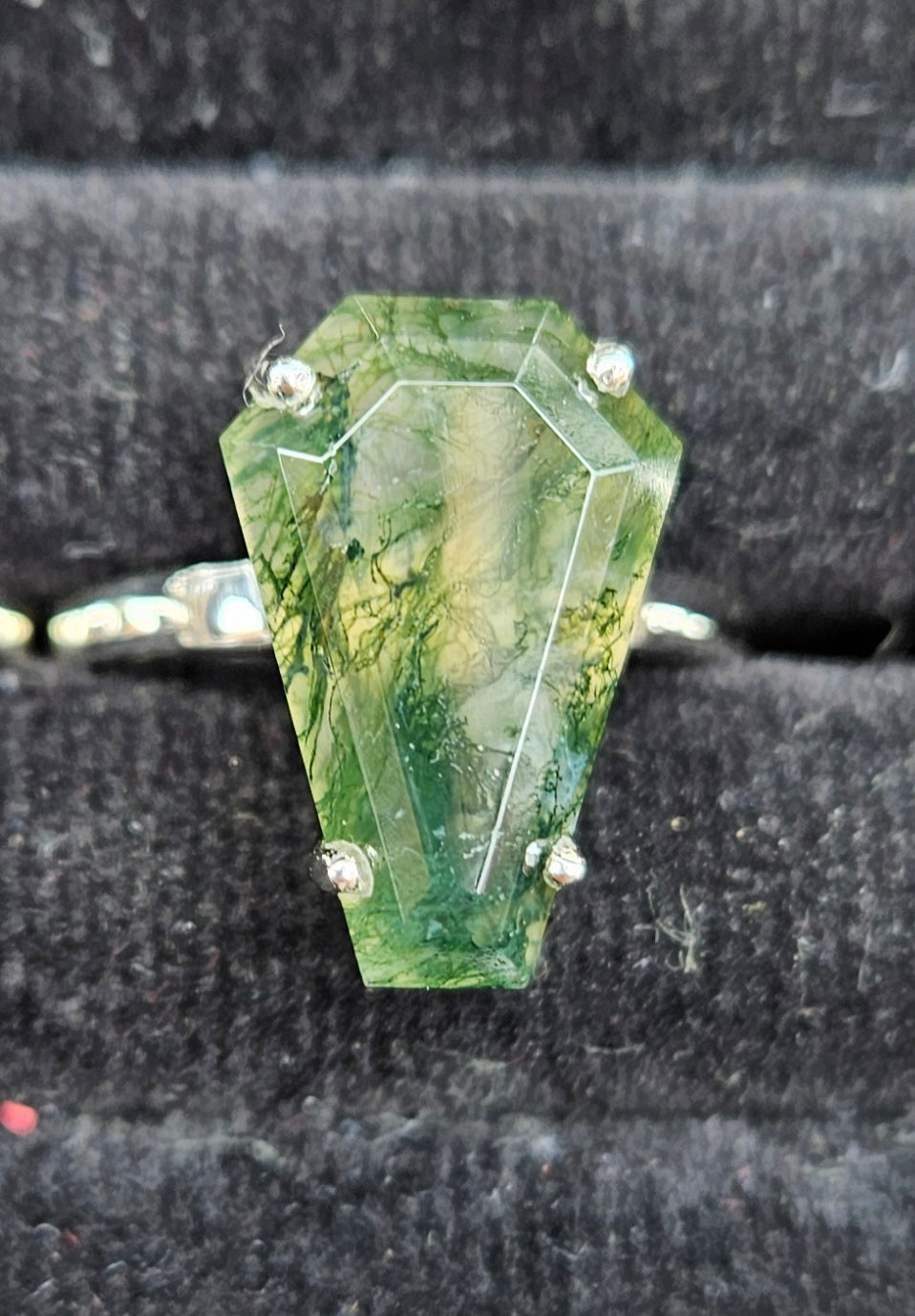 Moss Agate 925 silver coffin ring.