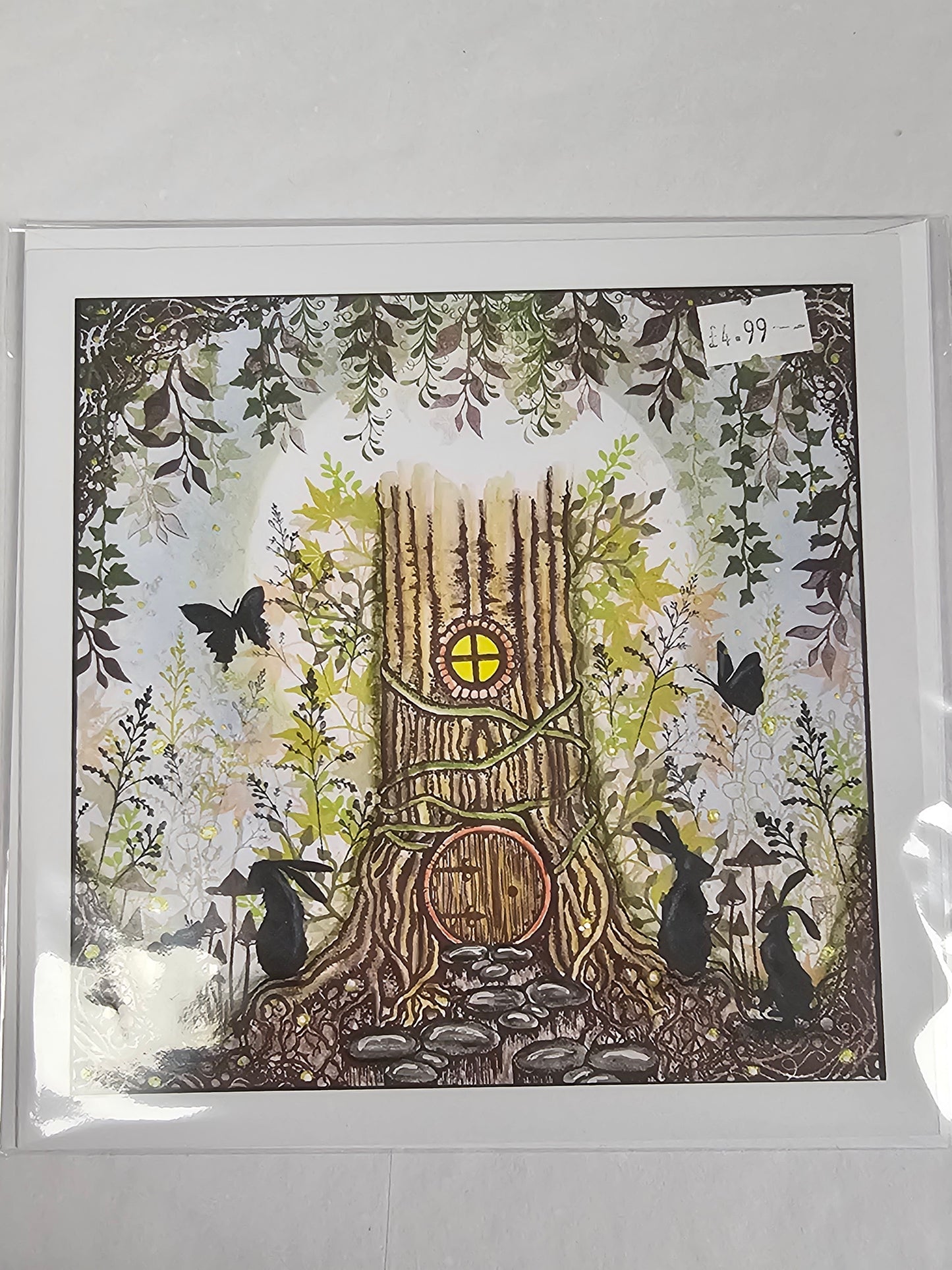 Rabbit, Butterflies and Tree House greeting card