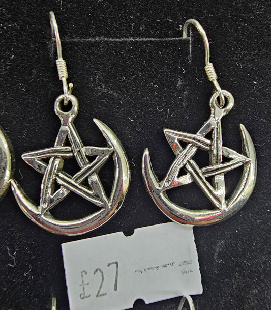 925 silver pentacle & Moon hook earrings