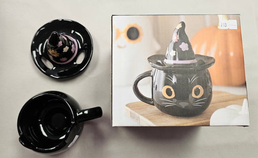 Cat Mug with Witch Hat Lid