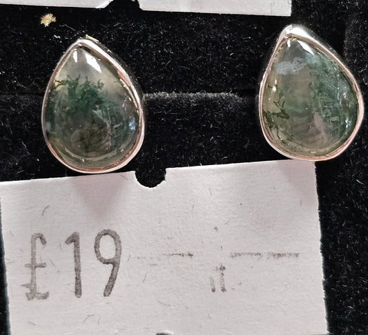 Moss Agate 925 silver Stud earrings (tear drop)