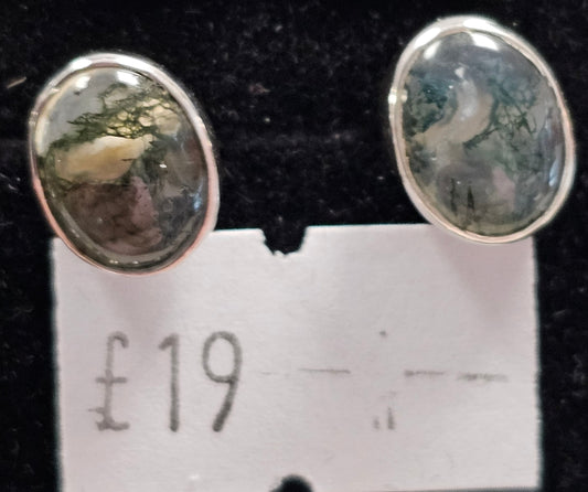 Moss Agate 925 silver Stud earrings (oval)