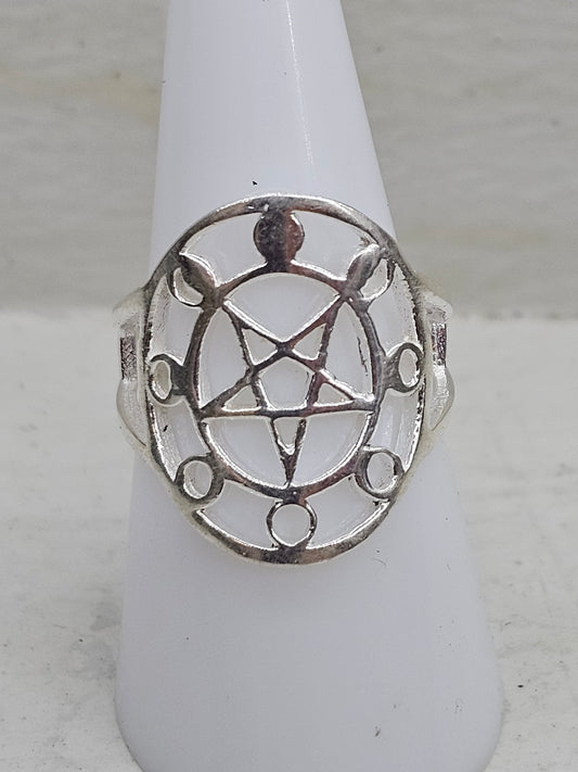 Pentagram and Moon Phase 925 Silver Ring Size O/P
