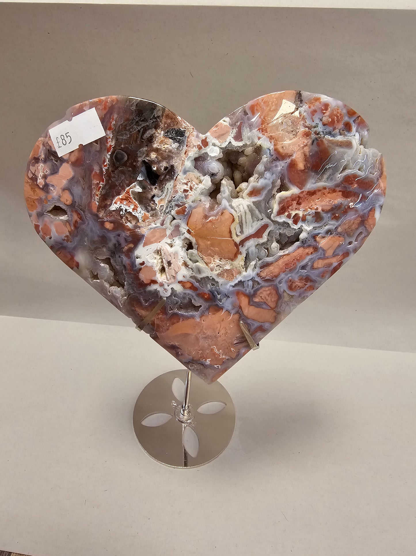 Big Pink Chalcedony Heart in Stand