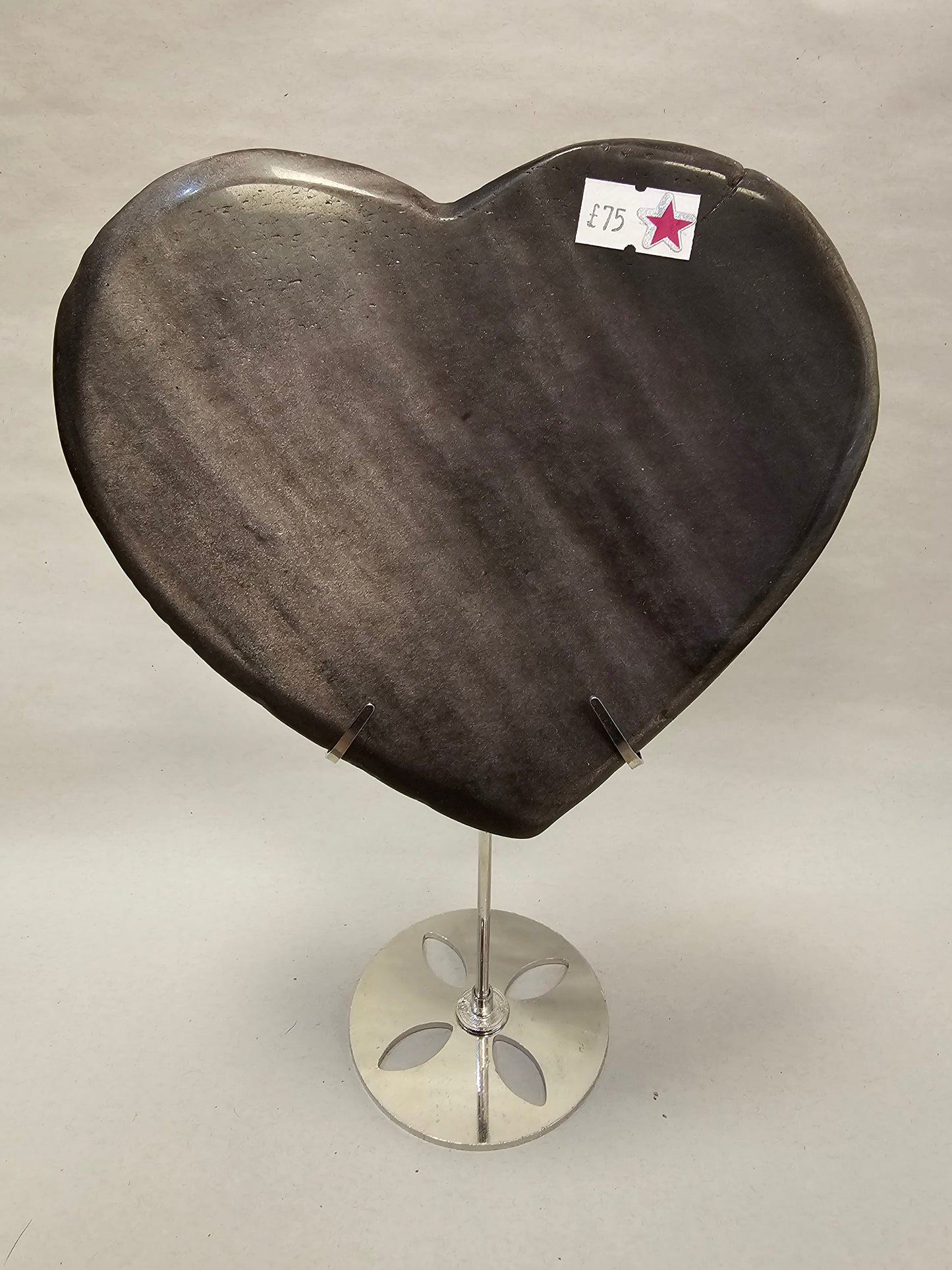 Big Silver Shine Obsidian Heart in Stand