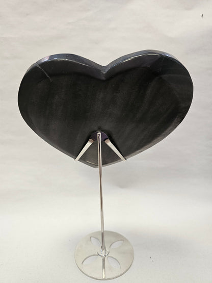 Big Silver Shine Obsidian Heart in Stand