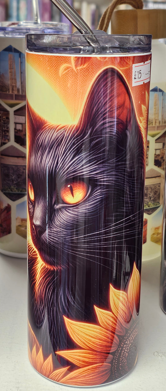 Black Cat Travel Mug with Metal Straw 600ml