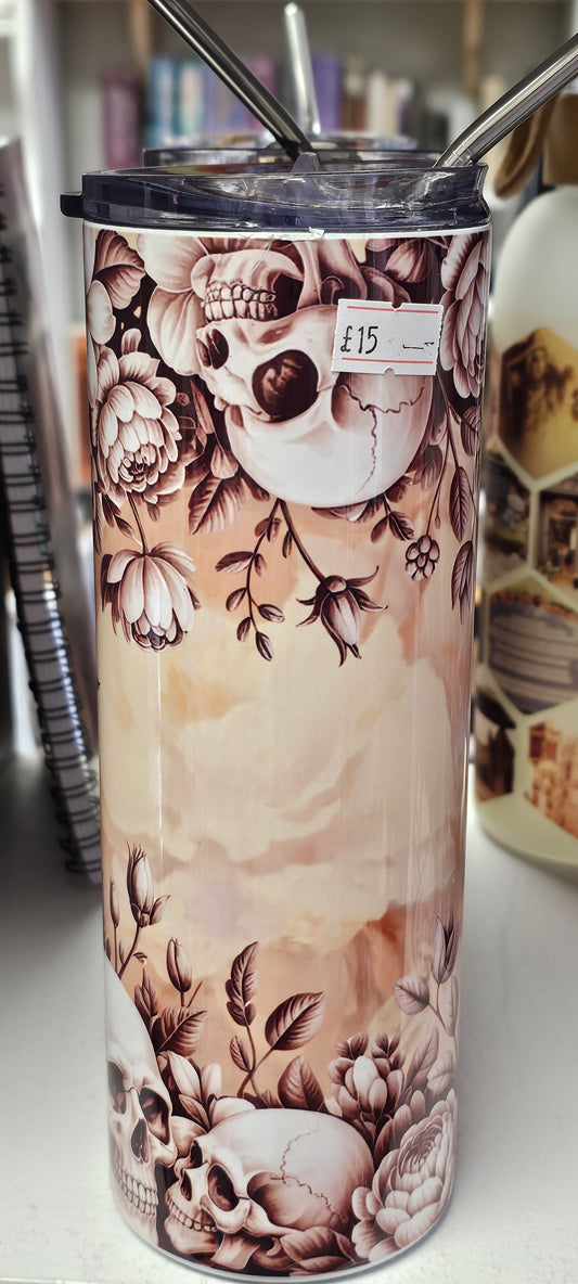 Skulls & Flowers Travel Mug with Metal Straw 600ml
